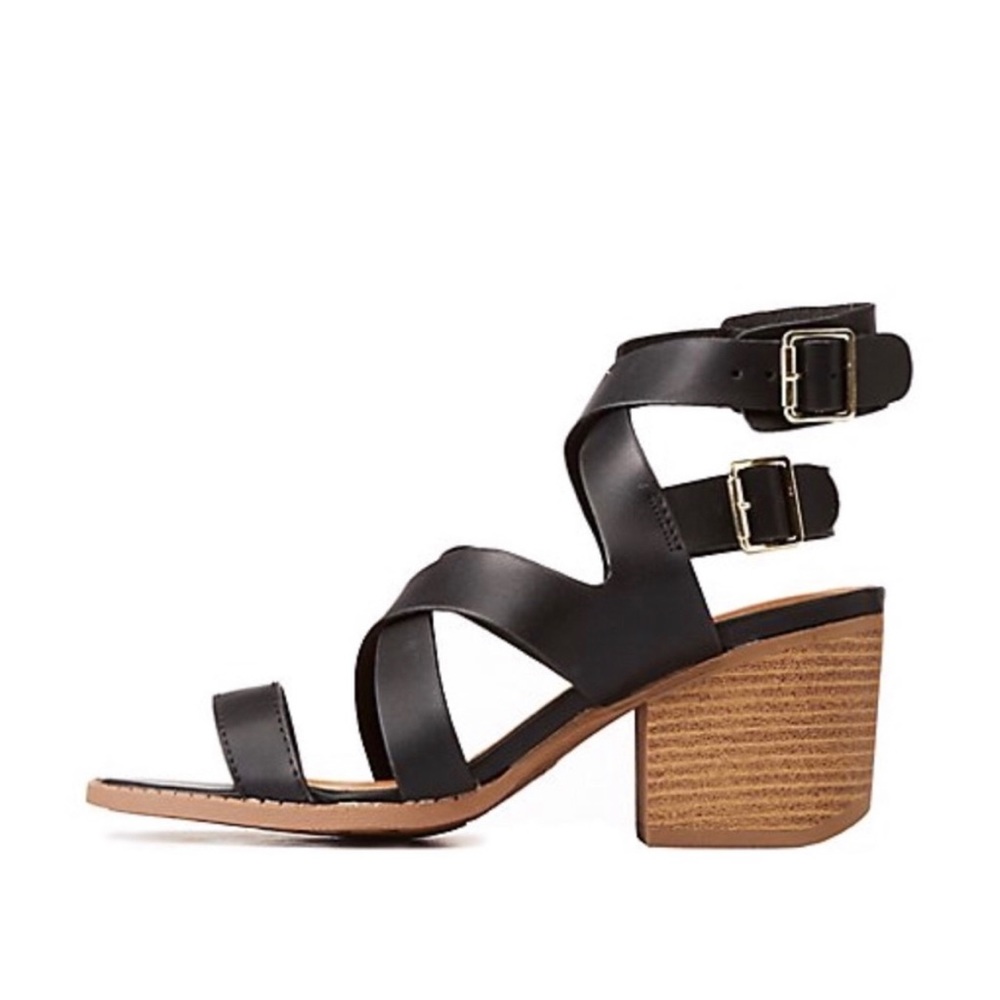 black caged open toe sandal with side buckles